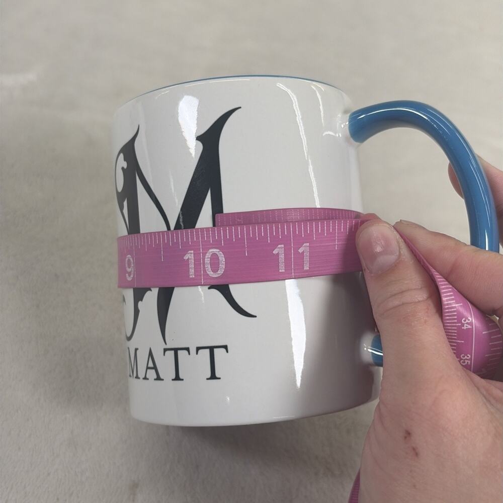 Personalized "M" Matt Coffee Mug Ceramic Cup 11oz Blue Interior Blk Letters - Picture 10 of 11